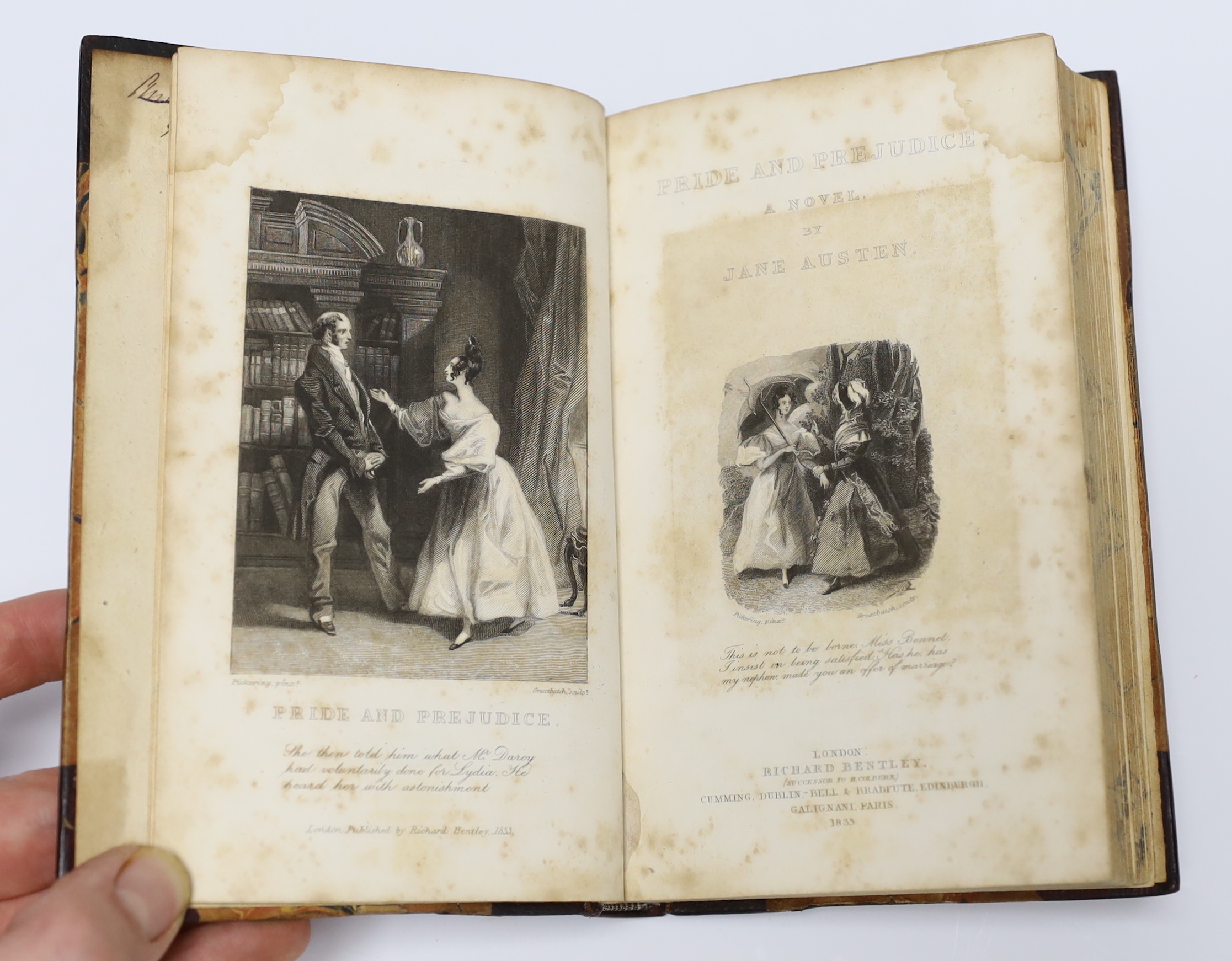 Austen, Jane - Pride and Prejudice, A Novel [Standard Novels series , vol. XXX], 8vo, red morocco, with marbled boards, engraved frontispiece and vignette title by William Greatbach after Ferdinand Pickering, with letter